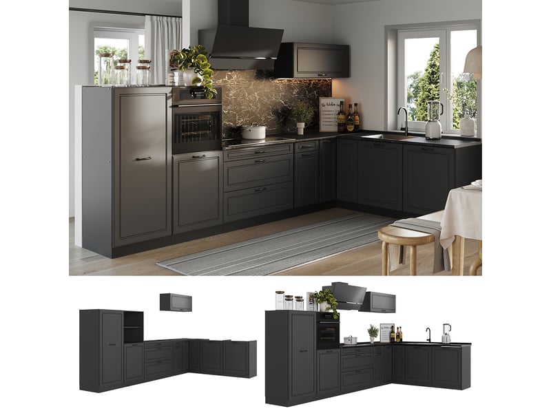 Vicco cuisine en angle, anthracite campagneanthracite, 347 x cm plan de travail marbre - Conforama D