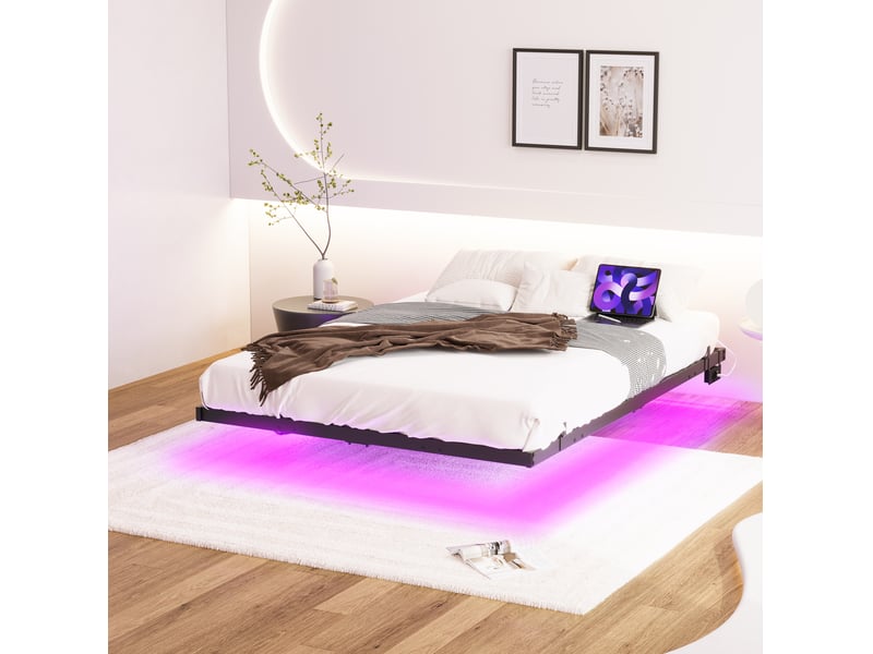  Lit 120x200 cm, noir, effet flottant, avec éclairage led intégré et station de recharge, structure métallique  - Conforama D