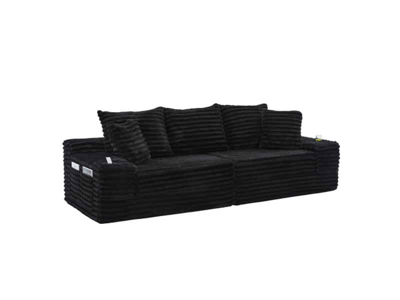  Canapé velours noir, dossier haut, convertible en lit – poches et porte-gobelets, confort  - Conforama A