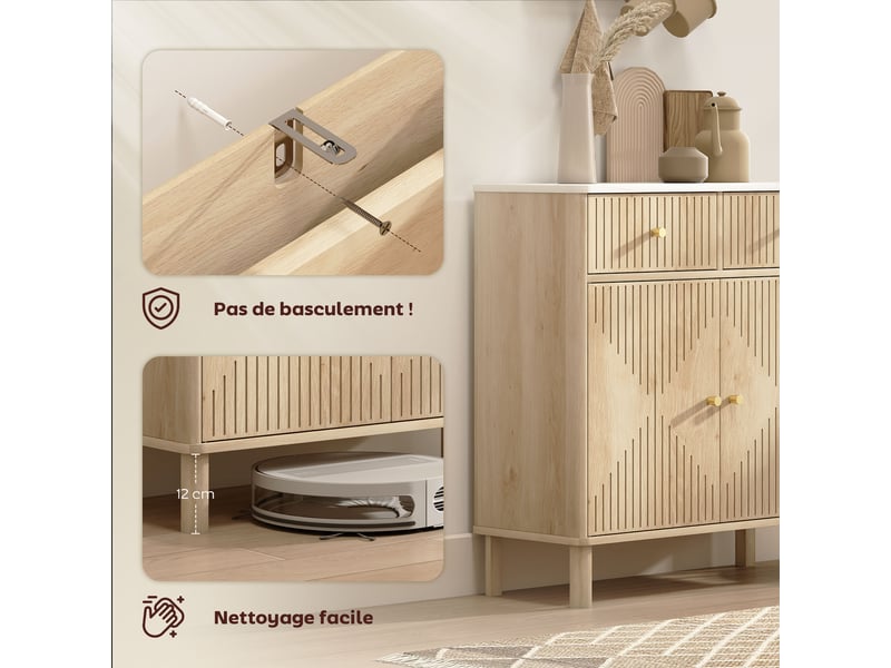 Buffet, meuble de rangement cannelé avec plateau effet marbre, 2 tiroirs, 2 portes, étagère réglable, chêne, 77x30x80cm - Conforama W