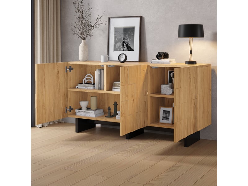  Ensemble salon buffet 140 cm et meuble tv 180 cm, salle à manger complète design, façades 3d, bois naturel  - Conforama E