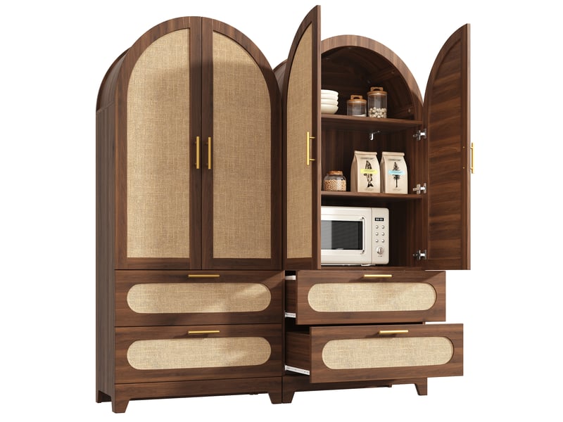  Armoire de cuisine 80x40x175 cm, buffet haut et garde-manger, lot de 2, 2 portes, 2 tiroirs, façade effet rotin, design moderne, mdf et métal brun CozyNest - Conforama A