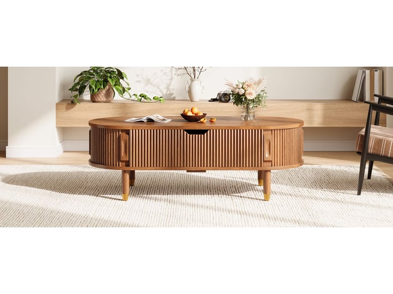  Table basse relevable rangement à porte coulissante table basse avec rangement en panneau en mdf pieds en bois d'hévéa et finition rainurée  - Conforama C