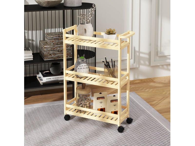  Desserte de cuisine 55 x 20 x 75 cm naturel en bambou, 3 niveaux à roulettes avec 2 freins de blocage  - Conforama D