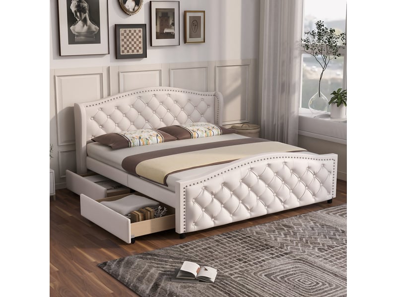  Lit double 160x200 cm avec sommier, 2 tiroirs sur roulettes et tête de lit blanche  - Conforama B