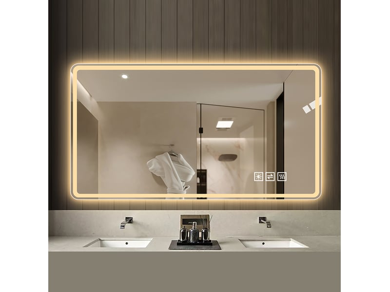  Miroir de salle de bain led 100 x 60 cm argenté en verre et métal, anti-buée à luminosité réglable  - Conforama D
