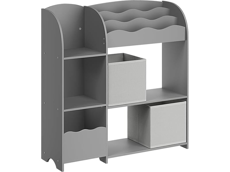  Étagère de rangement pour enfants bibliothèque 30 x 93 x 100 cm avec 2 boîtes de rangement ambiance cosy en panneau d'aggloméré gris tourterelle 12_0011691  - Conforama A
