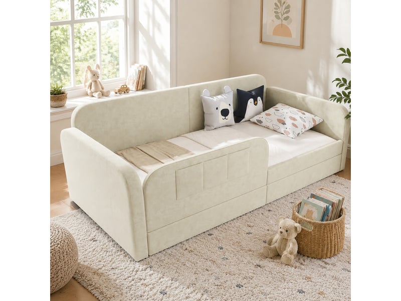  Lit enfant 90 x 200 cm avec 2 tiroirs, poches latérales et sommier métallique blanc  - Conforama B