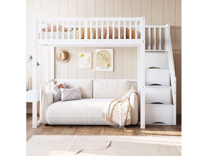 Lit mezzanine, 140x200 cm, lit en hauteur, avec échelle aménagée, garde corps, matelas non inclus, bois, coloris blanc  - Conforama D