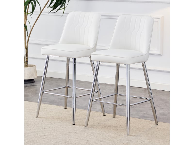  Lot de 2 tabourets de bar blancs en simili cuir avec pieds en métal argenté, hauteur 100 cm, pour îlot de cuisine.  - Conforama R