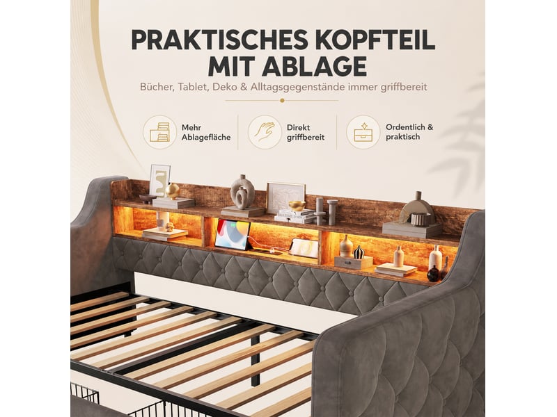  Lit 90x190 cm avec led, usb et type-c, tête de lit avec rangement, 2 tiroirs, gris sans matelas  - Conforama E