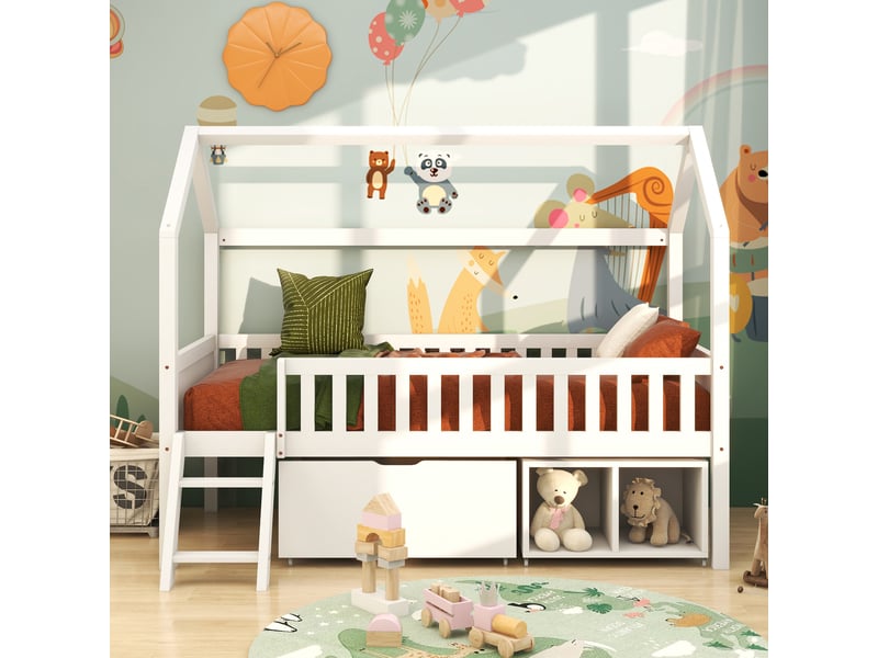  Lit cabane enfant 90x200 cm avec tiroirs et rangements - bois massif blanc barrière de sécurité  - Conforama D