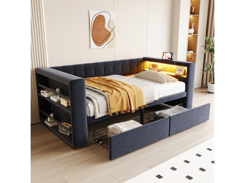  Canapé-lit capitonné 90×190 cm avec led, prise, grand rangement et tiroirs, flanelle gris foncé  - Conforama E