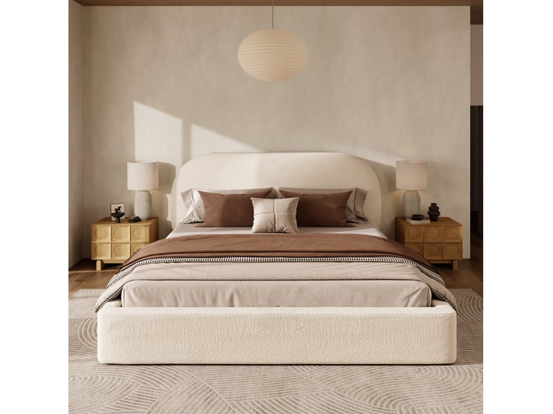  Lit adulte 180x200 cm en bouclette beige avec sommier à lattes et tête rembourrée  - Conforama B
