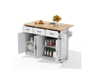 Îlot de cuisine 140x43x90,5 cm, desserte extensible avec tiroirs, portes, étagère et porte-serviettes, mdf, blanc et naturel