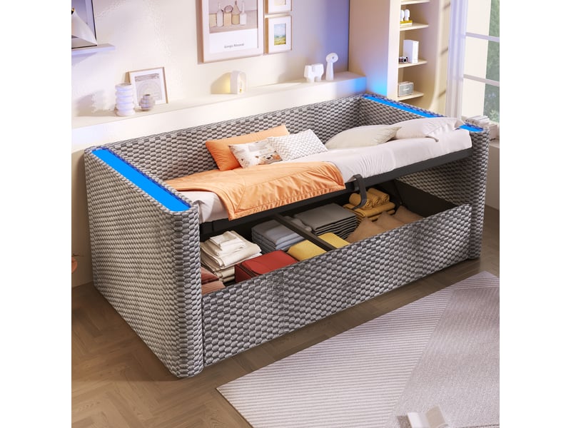  Lit de jour 90 x 200 cm avec sommier à lattes, sans matelas, led, coffre hydraulique, velours gris  - Conforama D