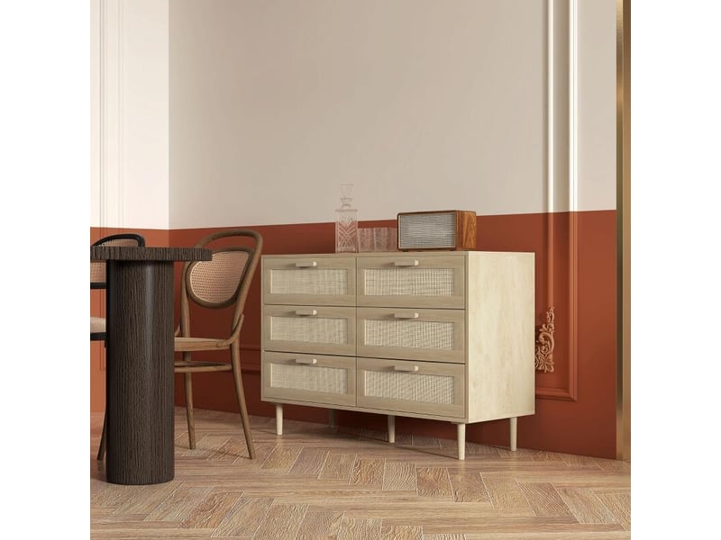  Commode 6 tiroirs meuble de rangement avec tissage en rotin dim. 110l x 40l x 75h cm aspect bois clair  - Conforama B