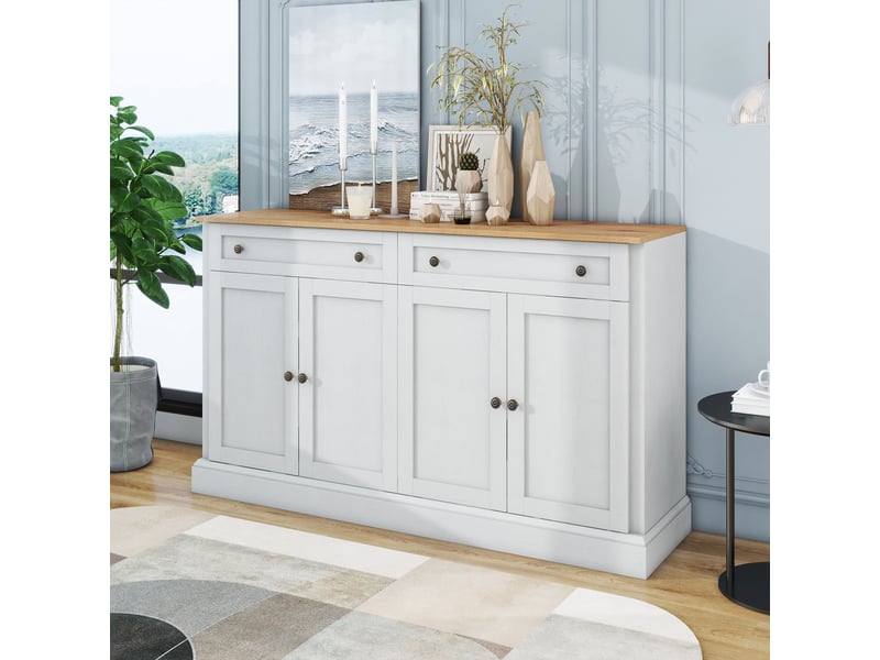  Buffet bas 150x86x40 cm grande capacité 4 portes 2 tiroirs meuble rangement cuisine salon entrée blanc bois naturel  - Conforama B