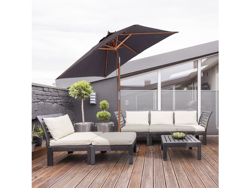 Parasol de jardin inclinable en polyester avec mât en bois de sapin, 3 positions, gris foncé, 200 x 150 x 235 cm  - Conforama B