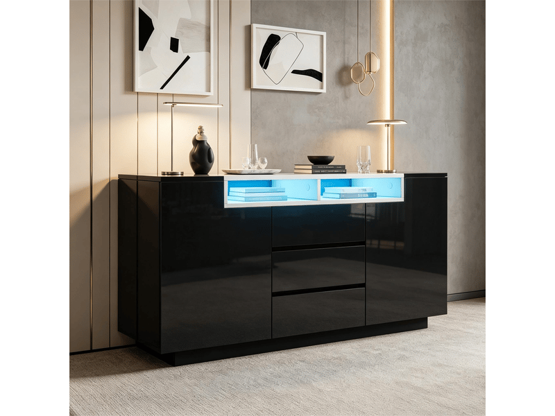  Buffet noir avec led 140 cm, meuble de salon 2 portes et 3 tiroirs, haute brillance  - Conforama B