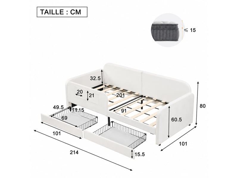  Lit banquette 90x200 cm - avec 2 tiroirs coulissants et rangement intégré, en velours blanc, mdf et métal, sans matelas  - Conforama C