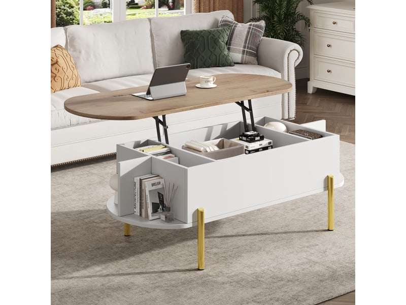  Table basse relevable 120x50 cm avec rangement caché, bois et blanc, pieds métal doré  - Conforama C
