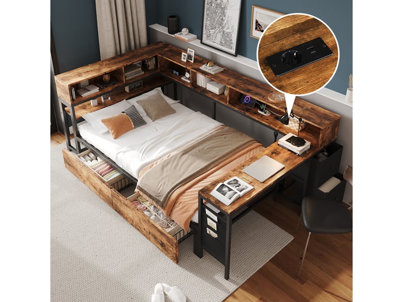  Lit 120x200 cm avec rangement, 2 tiroirs, étagères, port de charge, table latérale, métal, contreplaqué et mdf, noir et naturel OMNIGLINT TRADING LTD - Conforama E
