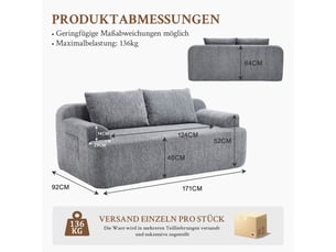 Canapé 2 places gris, canapé convertible en tissu côtelé, assise profonde et moelleuse avec coussins, salon et chambre d’amis