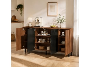 Buffet 160x35x80 cm avec 4 portes coloris bois noyer et noir