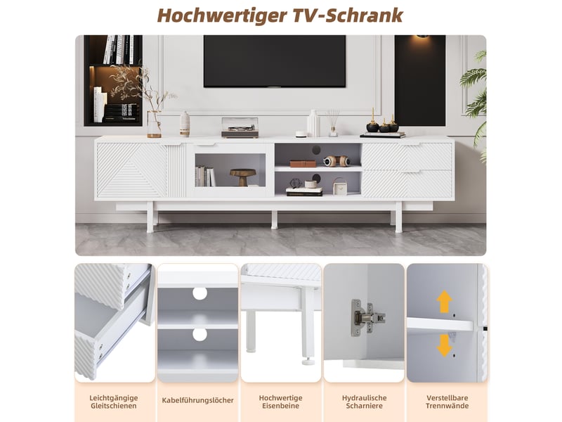  Meuble tv 200x40x50,5cm, 2 portes, 2 tiroirs et 1 étagère, conception de la ligne, moderne, structure aggloméré, blanc  - Conforama E