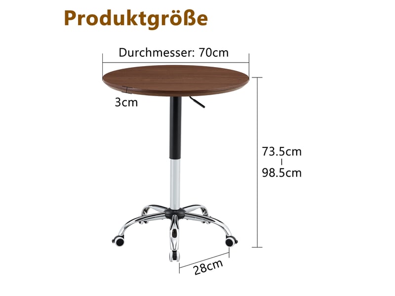 Table d’appoint ronde, 70x70x73,5 cm, réglable en hauteur, design moderne, plateau mdf, piètement métal, coloris noyer - Conforama C