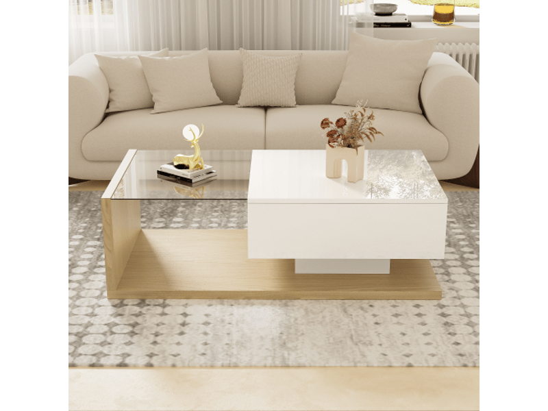  Table basse blanc brillant et bois - ensemble table d'appoint et table basse en verre avec led  - Conforama B