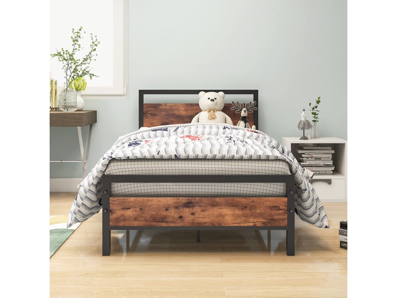 Cadre de lit, lit enfant 90x200 cm, rangement intégré, métal et bois brun, sommier à lattes  - Conforama A
