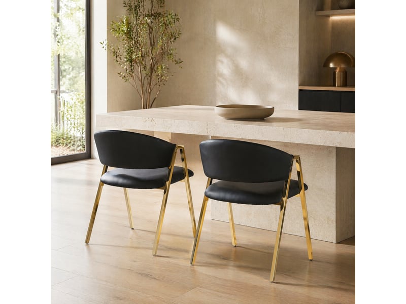  Chaises de salle à manger lot de 2 avec dossier ergonomique  - métal doré, simili cuir noir  - Conforama C