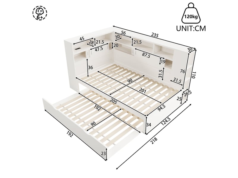  Lit gigogne 90x200 avec rangement et port usb, lit enfant blanc en bois massif  - Conforama C