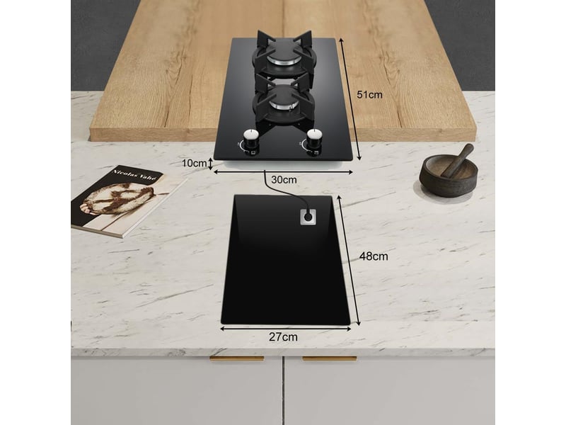 Plaque de cuisson gaz 2 feux, table de cuisson gaz 30 cm noire en verre trempé, 4200 w, encastrable, allumage électronique - Conforama C