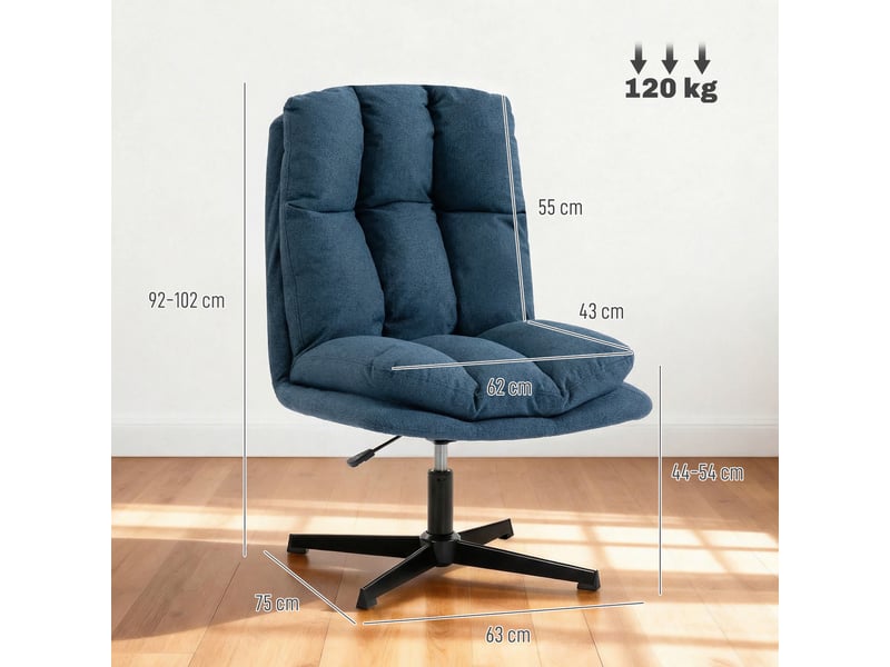  Fauteuil lounge pivotant à 360°, réglable en hauteur, large assise revêtue de lin, piètement en métal bleu foncé  - Conforama E