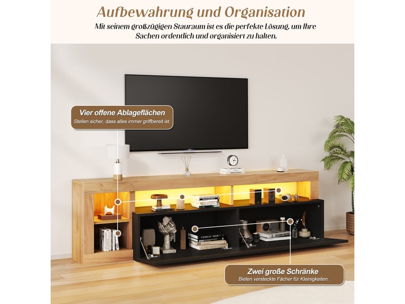  Meuble tv 184x42x58 cm, pour tv jusqu’à 80 pouces, led, 2 portes abattantes, rangements ouverts, passe-câbles, panneau de particules, noir et bois OMNIGLINT TRADING LTD - Conforama D