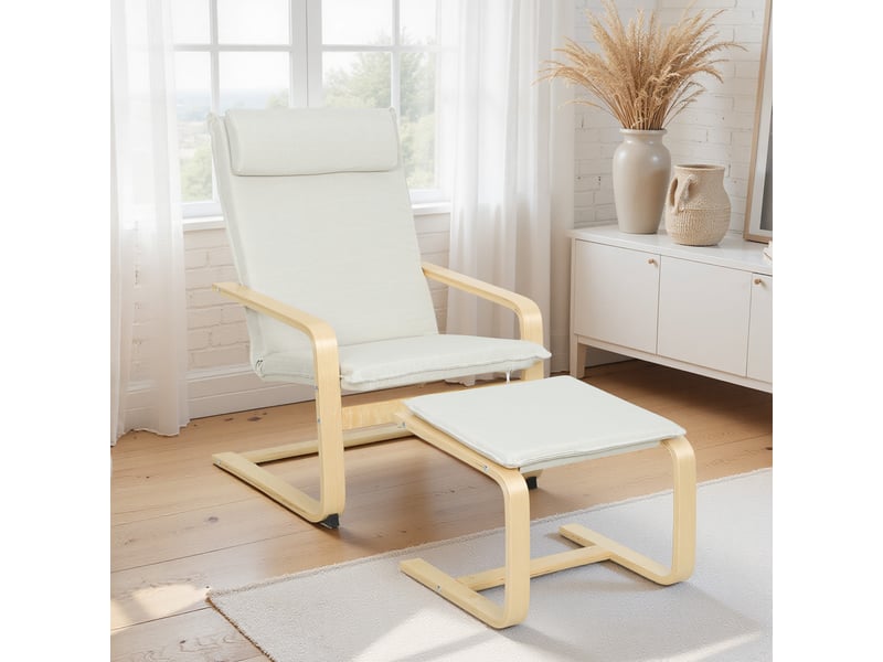  Fauteuil avec repose-pieds, fauteuil de lecture à dossier haut, appui-tête amovible, pieds en bois et revêtement en lin crème  - Conforama C