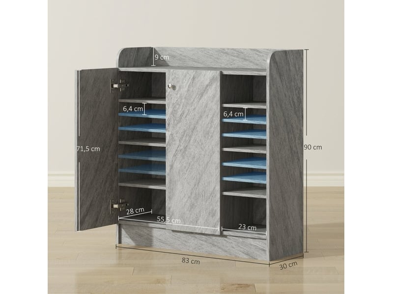  Meuble à chaussures 83x30x90 cm, 2 portes et 4 compartiments ouverts, panneau de particules et mdf, gris  - Conforama E