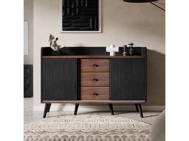  Buffet noir et bois avec 3 tiroirs et portes coulissantes rayées, meuble de rangement moderne pour salon, 117,5x40x80 cm  - Conforama W