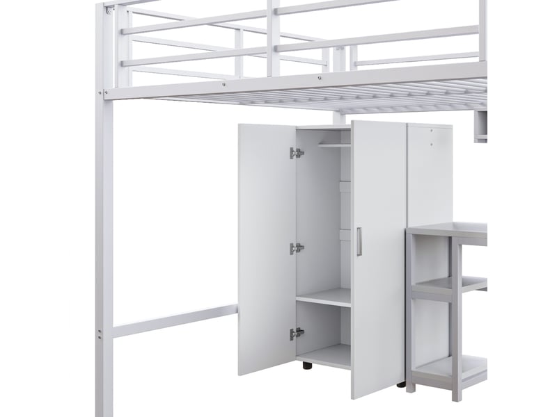  Lit mezzanine 140x200cm avec bureau, armoire, étagères de rangement, escalier et sommier, métal+mdf, blanc, sans matelas  - Conforama R