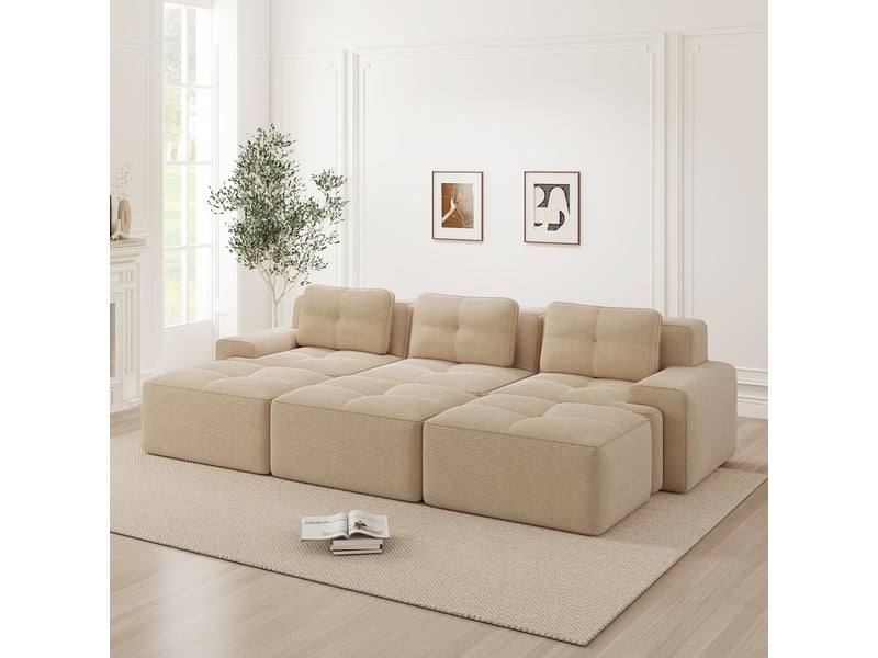  Canapé d'angle convertible 3 places avec 3 poufs, tissu côtelé beige, design sans cadre, idéal salon moderne  - Conforama B