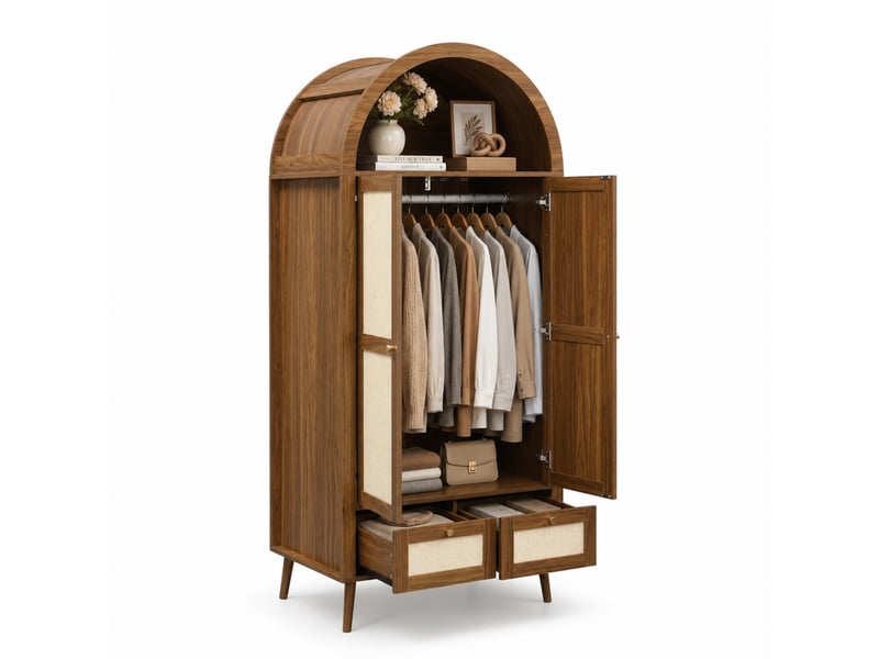  Armoire 2 portes 80 x 55 x 180 cm – noyer et beige – 2 tiroirs, penderie et rangement ouvert pratique  - Conforama A