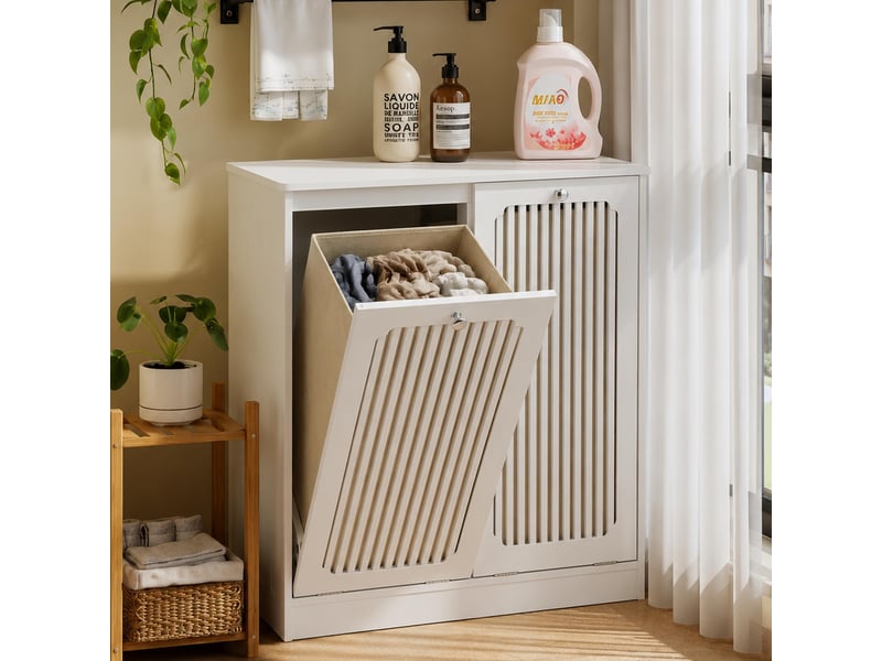  Meuble de salle de bain - 66x35x76cm - panier à linge double bacs tissu portes persiennes basculantes - blanc  - Conforama D