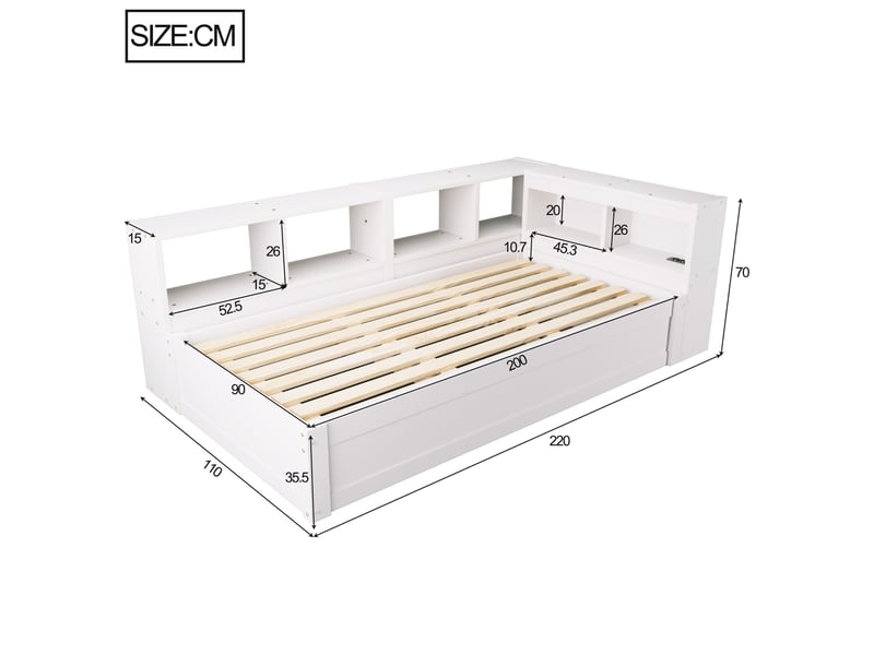  Modenvie lit coffre 1 place 90x200 cm - avec led, prise integrée et rangements - pour petit espace - blanc  - Conforama C