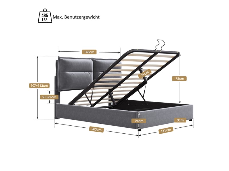 Lit coffre tcqpz 140 x 200 cm tête de lit réglable velours gris rangement hydraulique  - Conforama C