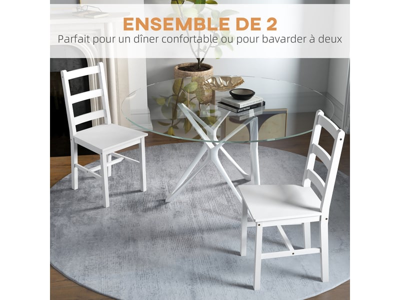 Lot de 2 chaises de salle à manger en bois massif de pin chaise de cuisine dossier lattes campagne esprit blanc  - Conforama A