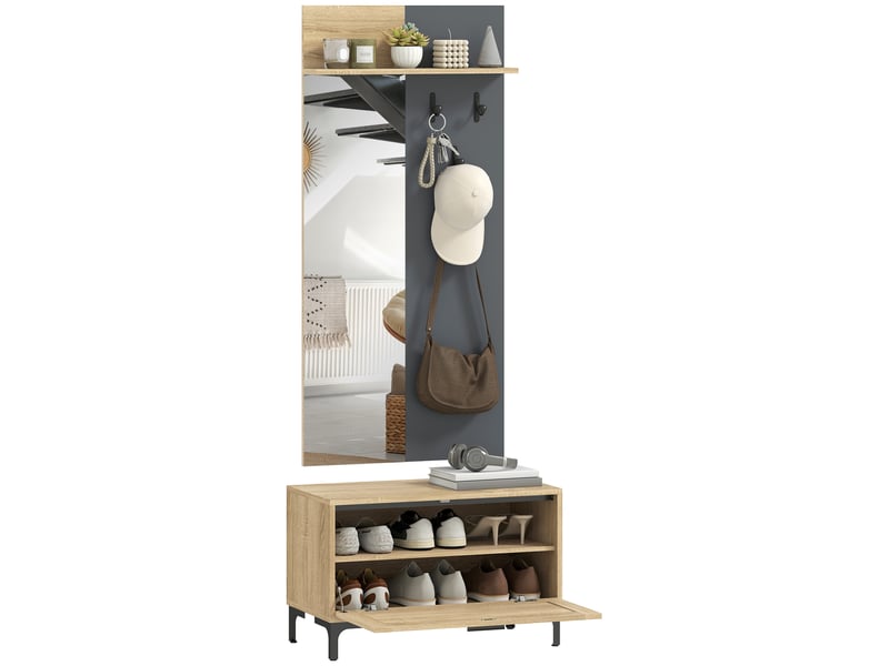  Ensemble d'entrée comprenant un banc à chaussures, un miroir, 3 crochets, une étagère ouverte et des meubles de couloir en bois naturel et gris.  - Conforama A