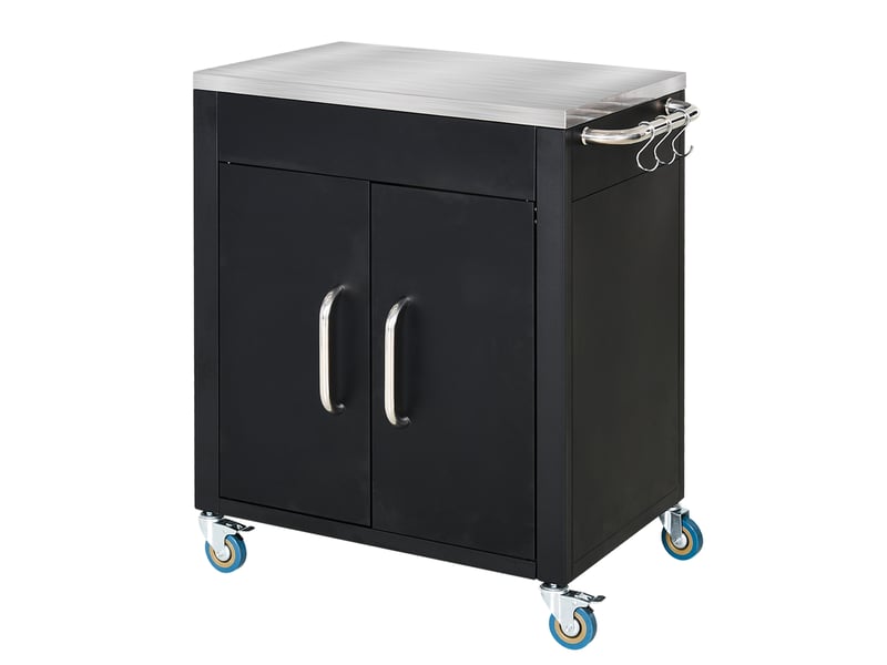  Desserte de cuisine avec placard, 6 crochets et 4 roulettes, plateau inox pour cuisine 86×50×86,5 cm noir  - Conforama A